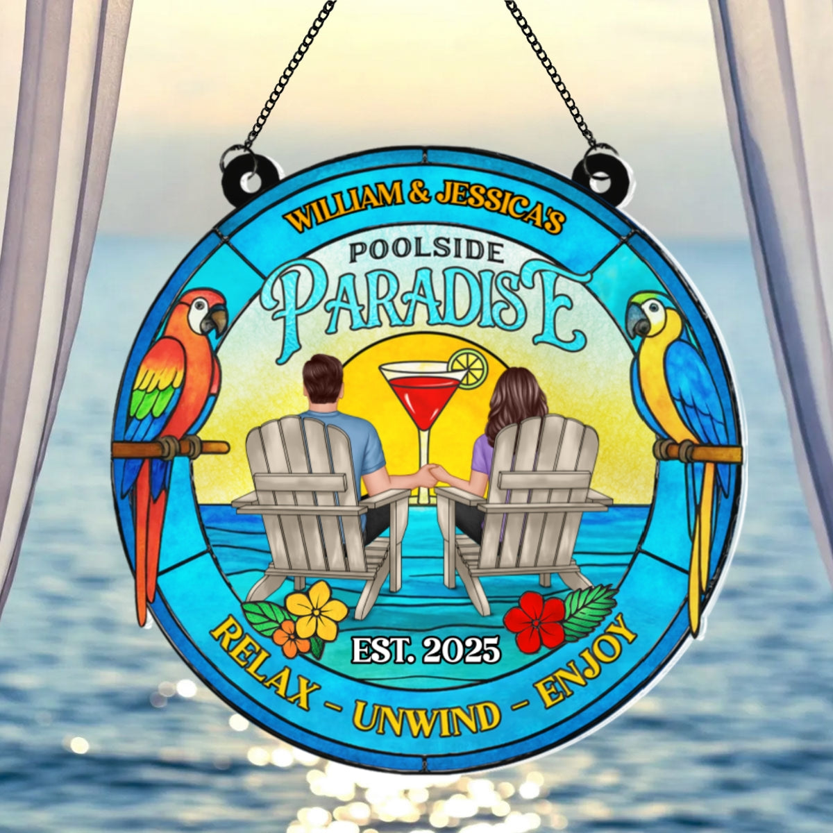 Couple Poolside Paradise Tropical Personalized Acrylic Suncatcher