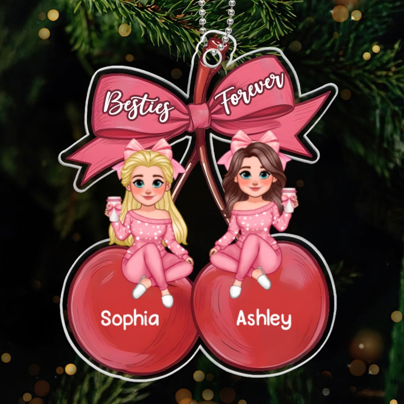Besties Sitting On Pink Coquette Cherry Bow Personalized Acrylic Ornament, Christmas Gift For Best Friends