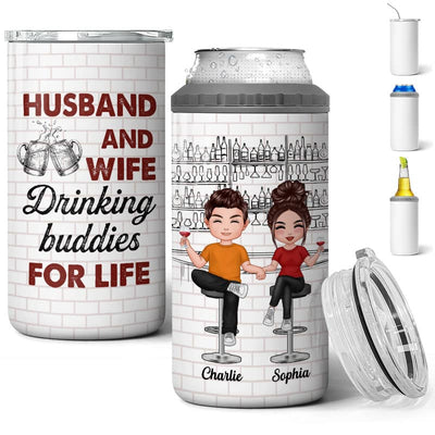 Husband Wife Drinking Buddies Multi Use Tumbler - Personalized 4 In 1 Can Cooler - Christmas Gift For Him For Her