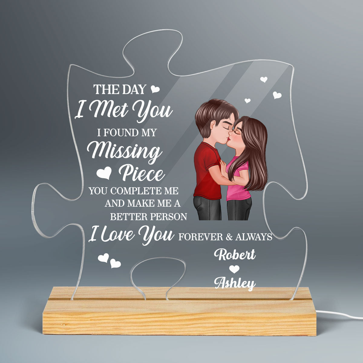 Doll Couple Kissing Found My Missing Piece Valentine‘s Day Anniversary Gift For Him For Her Personalized Custom Shape Acrylic Plaque LED Night Light