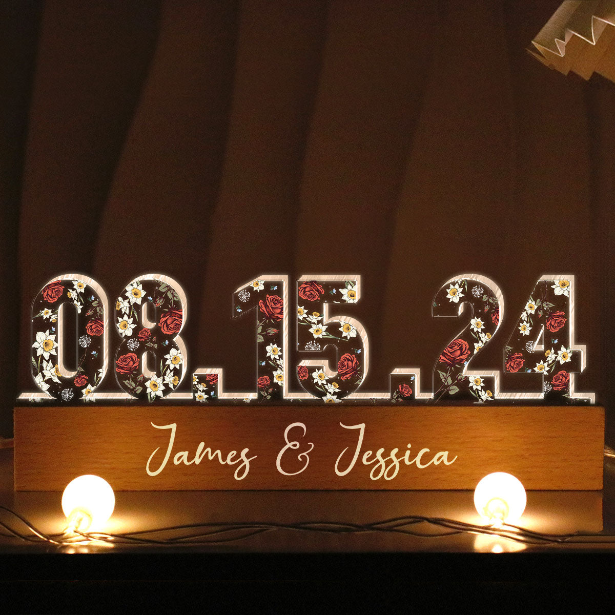 Couple Engagement Wedding Anniversary Special Date Custom Flower Printed LED Night Light, Unique Valentine's Day Gift For Him, Gift For Her