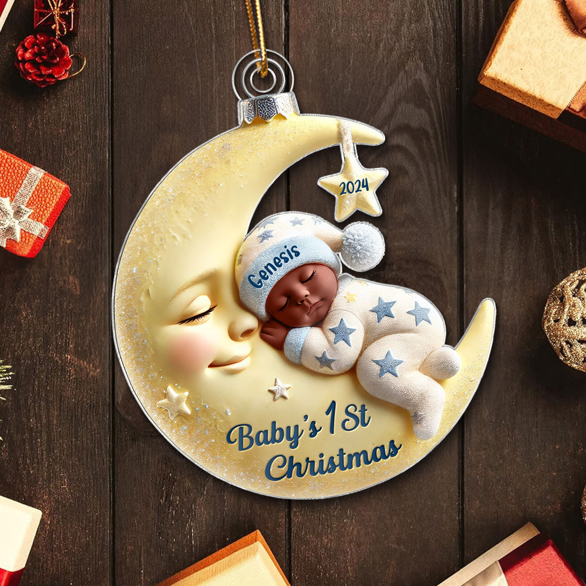 3D Effect Baby On Moon First Christmas 1st Christmas Keepsake - Personalized Acrylic Ornament