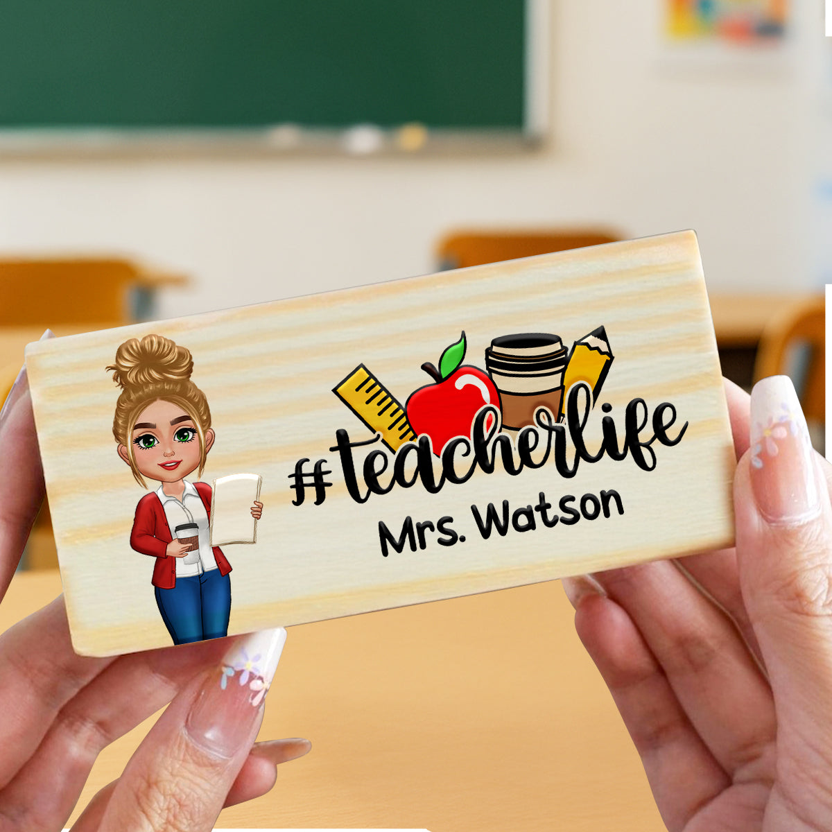 Teacher Sitting Personalized Teacher Whiteboard Eraser, Custom Teacher Appreciation Gifts, Chalkboard Eraser with Marker, Preschool Teacher Name gifts