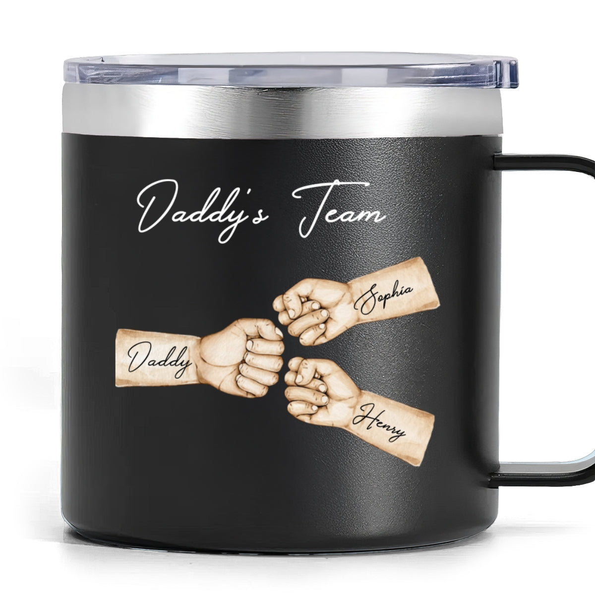 Daddy's Team Fist Bump Personalized Stainless Steel Tumbler With Handle, Unique 2025 Father's Day Gift For Dad