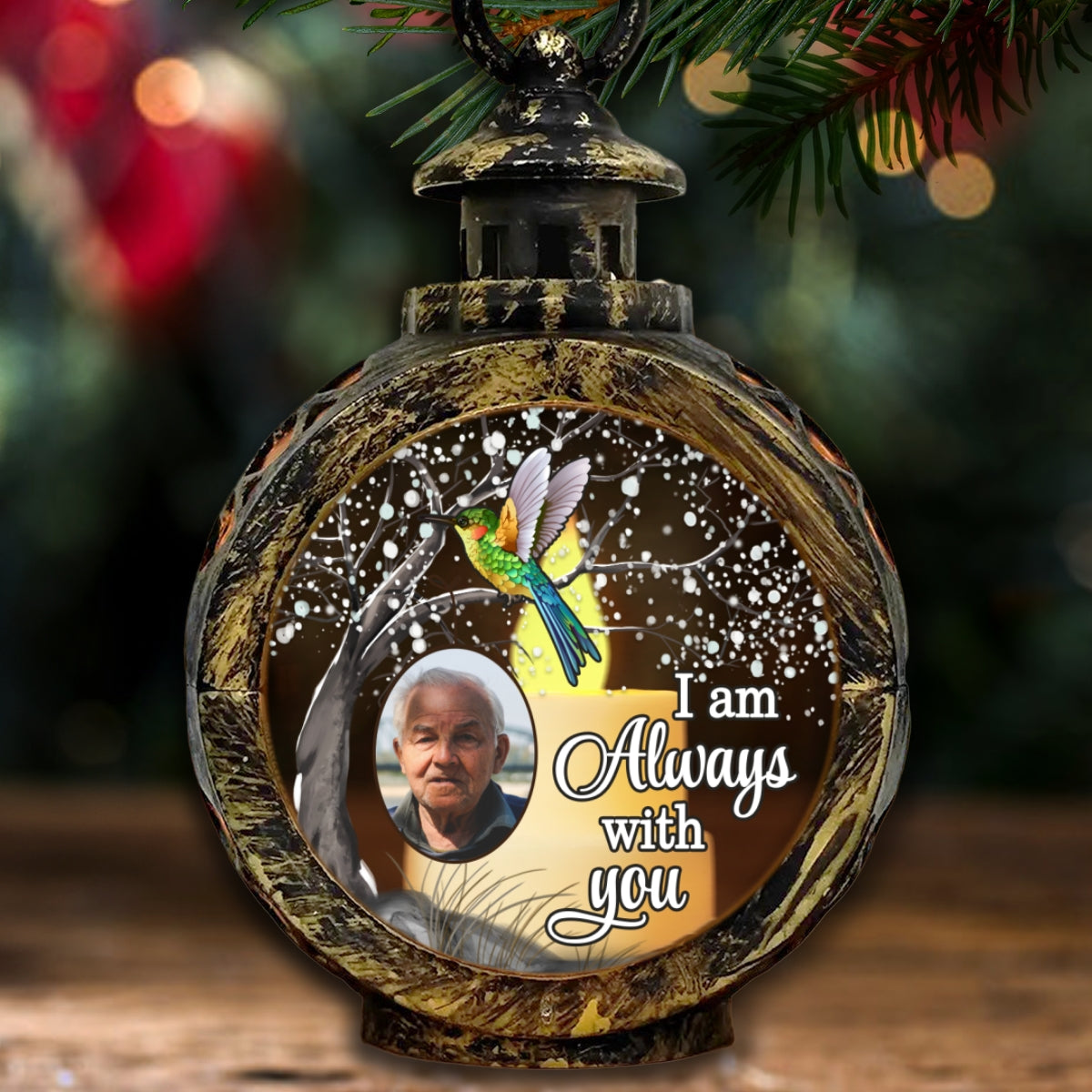 Hummingbird Always With You Blossom Tree Memorial Custom Photo Personalized Lantern Ornament, Remembrance Gif
