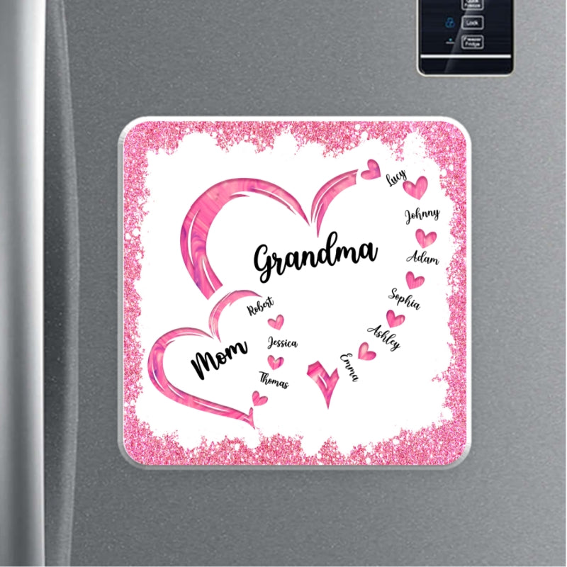 Mom Grandma Hearts In Heart Glitter Effect Personalized Acrylic Fridge Magnet