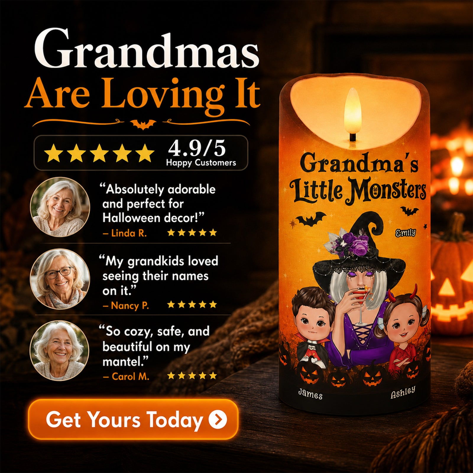 Grandma's Boo Crew Grandma Witch & Kids - Personalized LED Candle - Perfect Halloween Decor for Grandma