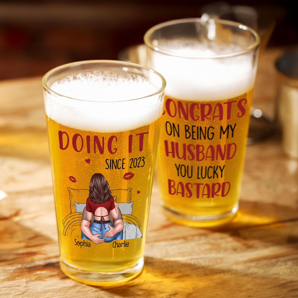 Congrats On Being My Husband Man Embracing Woman Back View Personalized Beer Glass