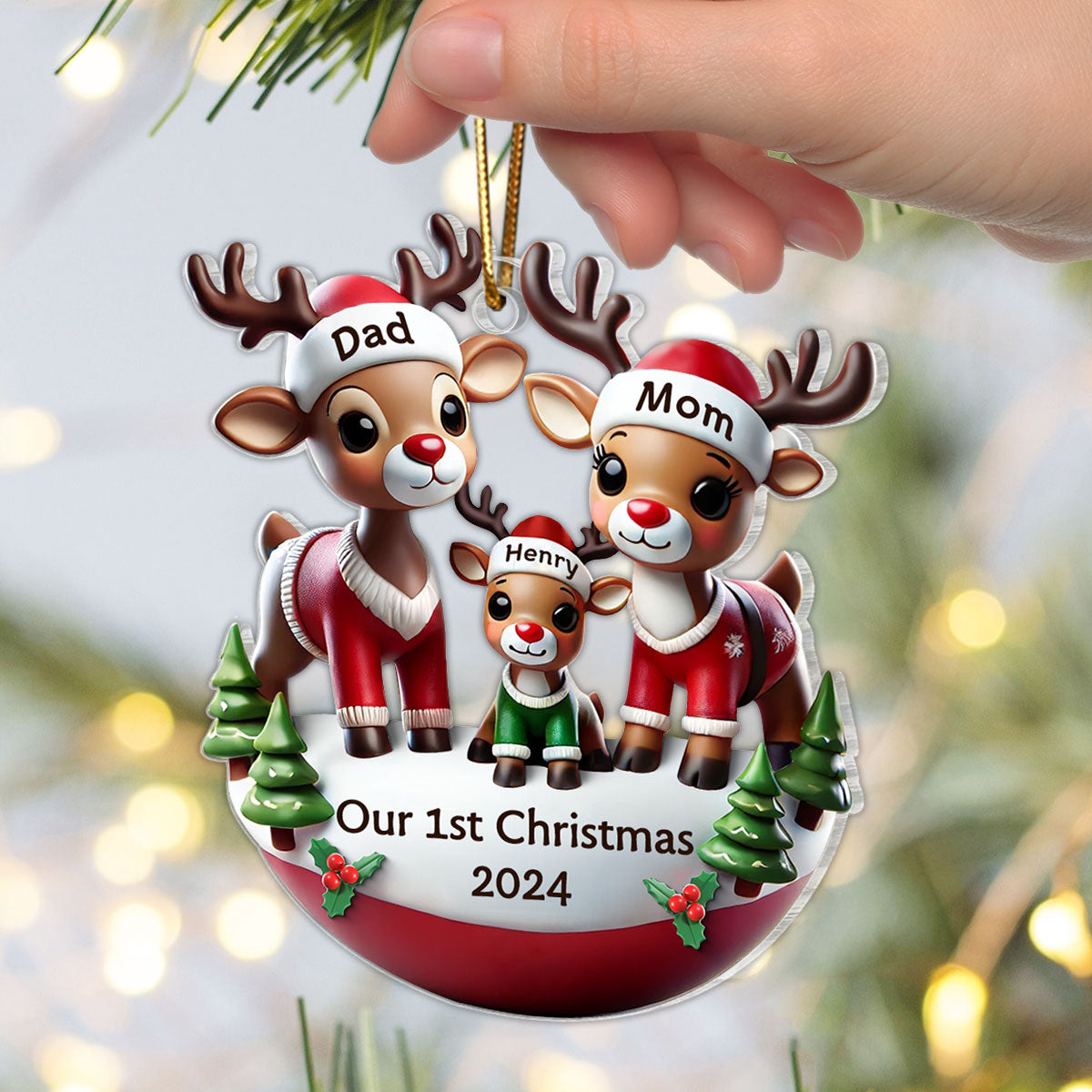 Reindeer Family 3D Effect Cute Christmas Decor Personalized Acrylic Ornament