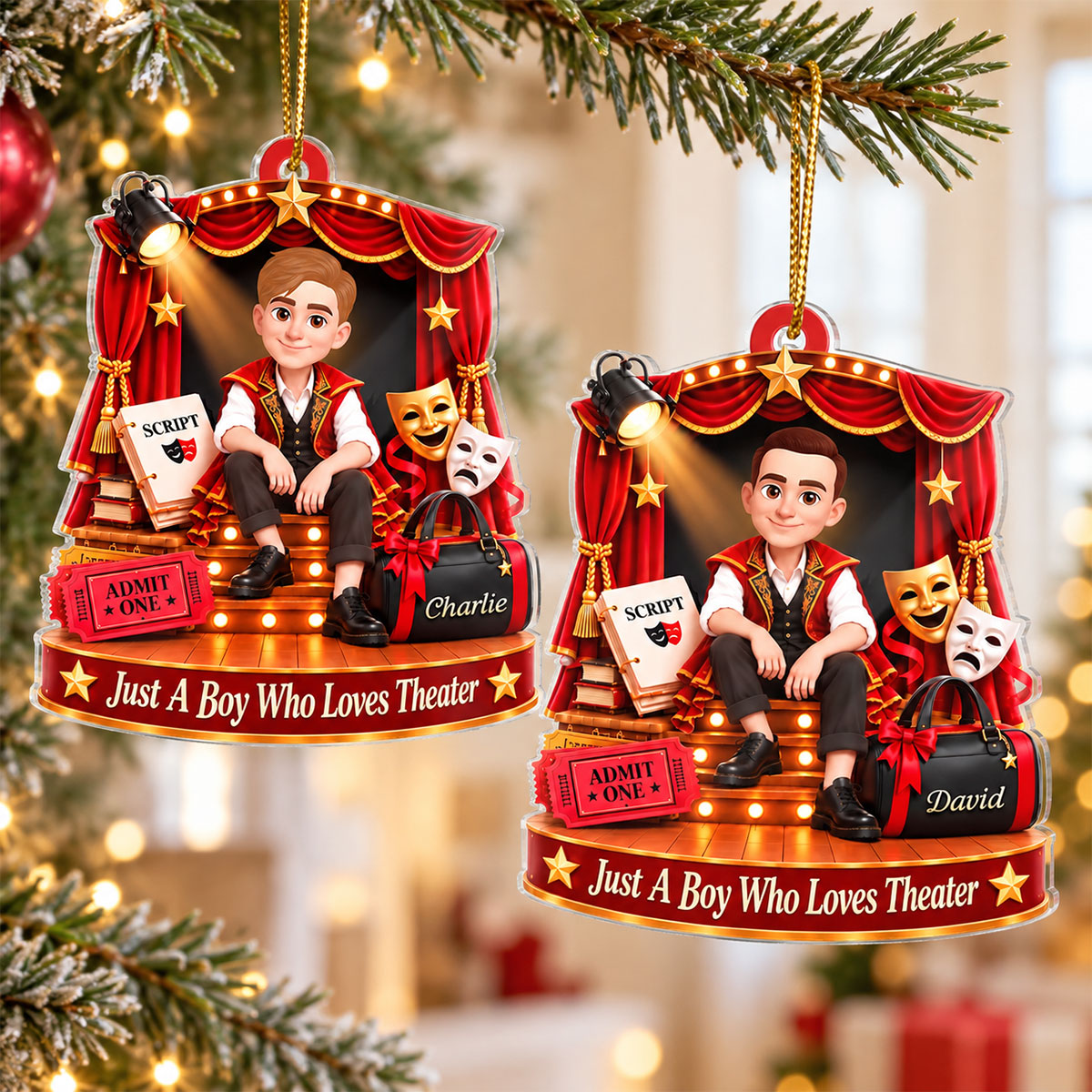 Just a Boy Who Loves Theater - Personalized Acrylic Ornament - Christmas Gift for Son, Grandson