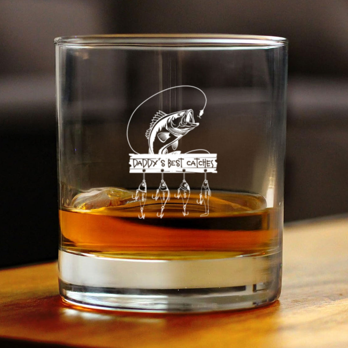 Daddy Grandpa Best Catch Personalized Whiskey Glass, Father's Day gift for Fishing Dad