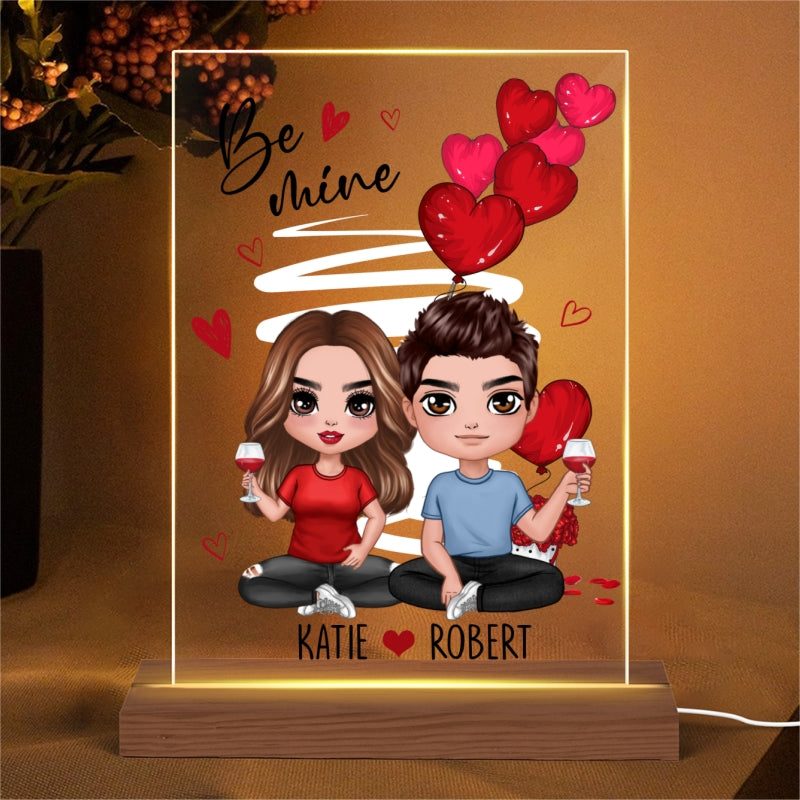 Be Mine Doll Couple Sitting Personalized Plaque LED Night Light - Gift For Him Gift For Her