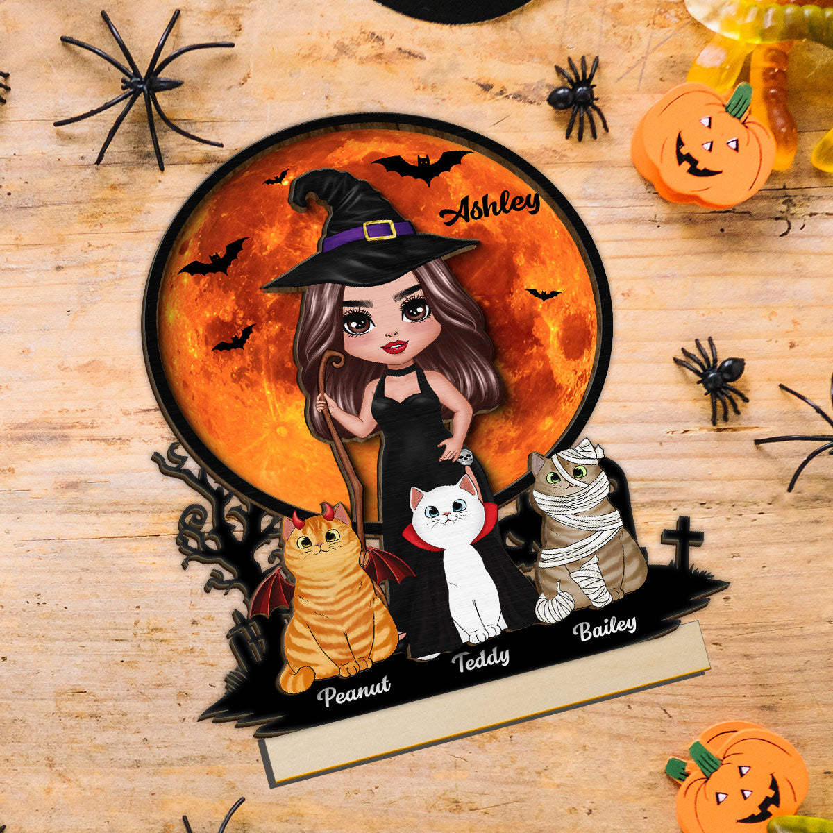 Witch Cat Mom Under Halloween Moon Tabletop Tier Tray Decor Personalized 2-Layer Standing Wooden Plaque