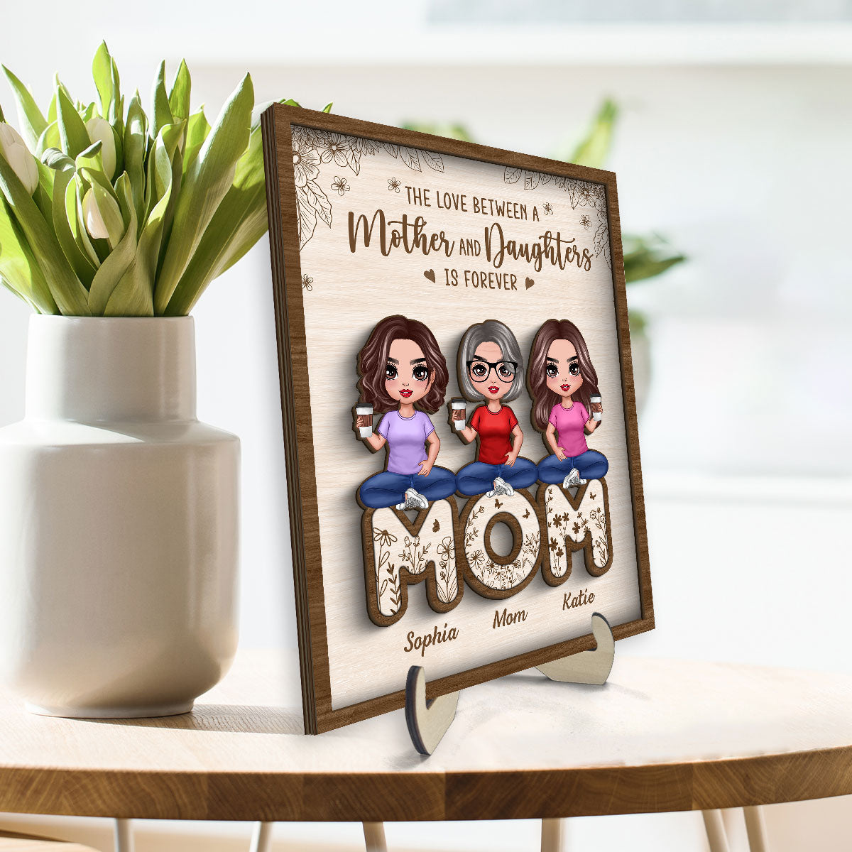 Mom And Daughters Sitting On Word Mother‘s Day Gift Personalized 2-Layer Wooden Plaque