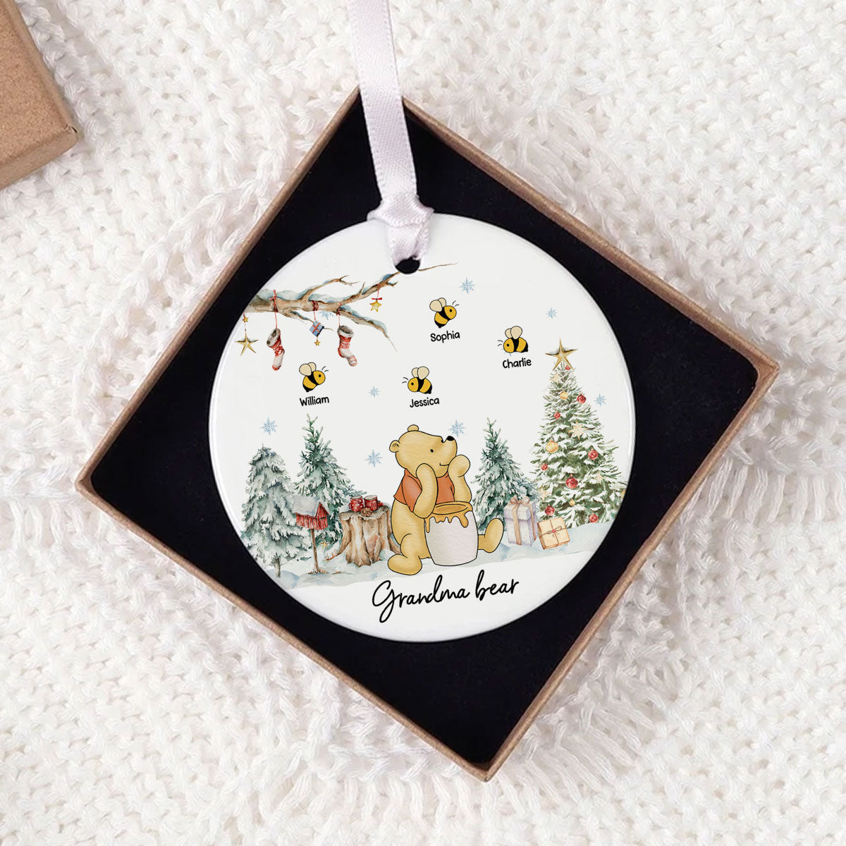 Grandma Bear Cute Grandkids Names Personalized Circle Ceramic Ornament, Christmas Gift
