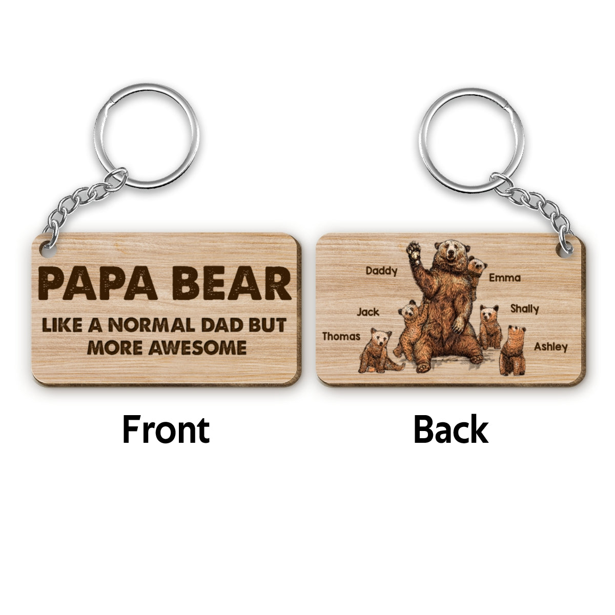 Papa Daddy Bear Family Personalized Wooden Keychain