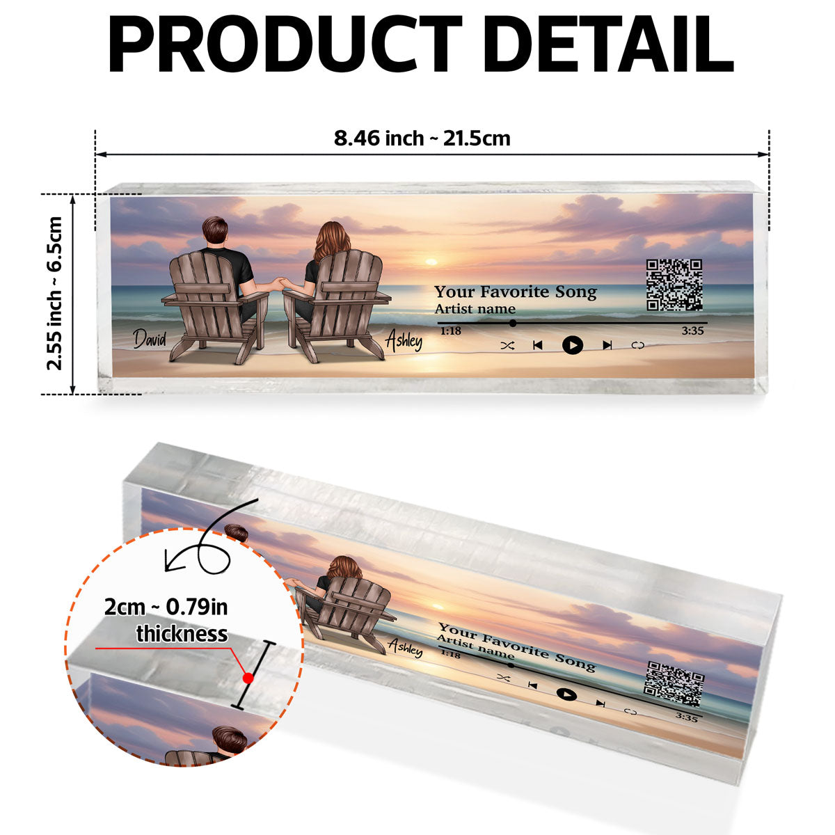 Couple Back View At Beach Favorite Song QR Code Personalized Acrylic Desk Block Plaque