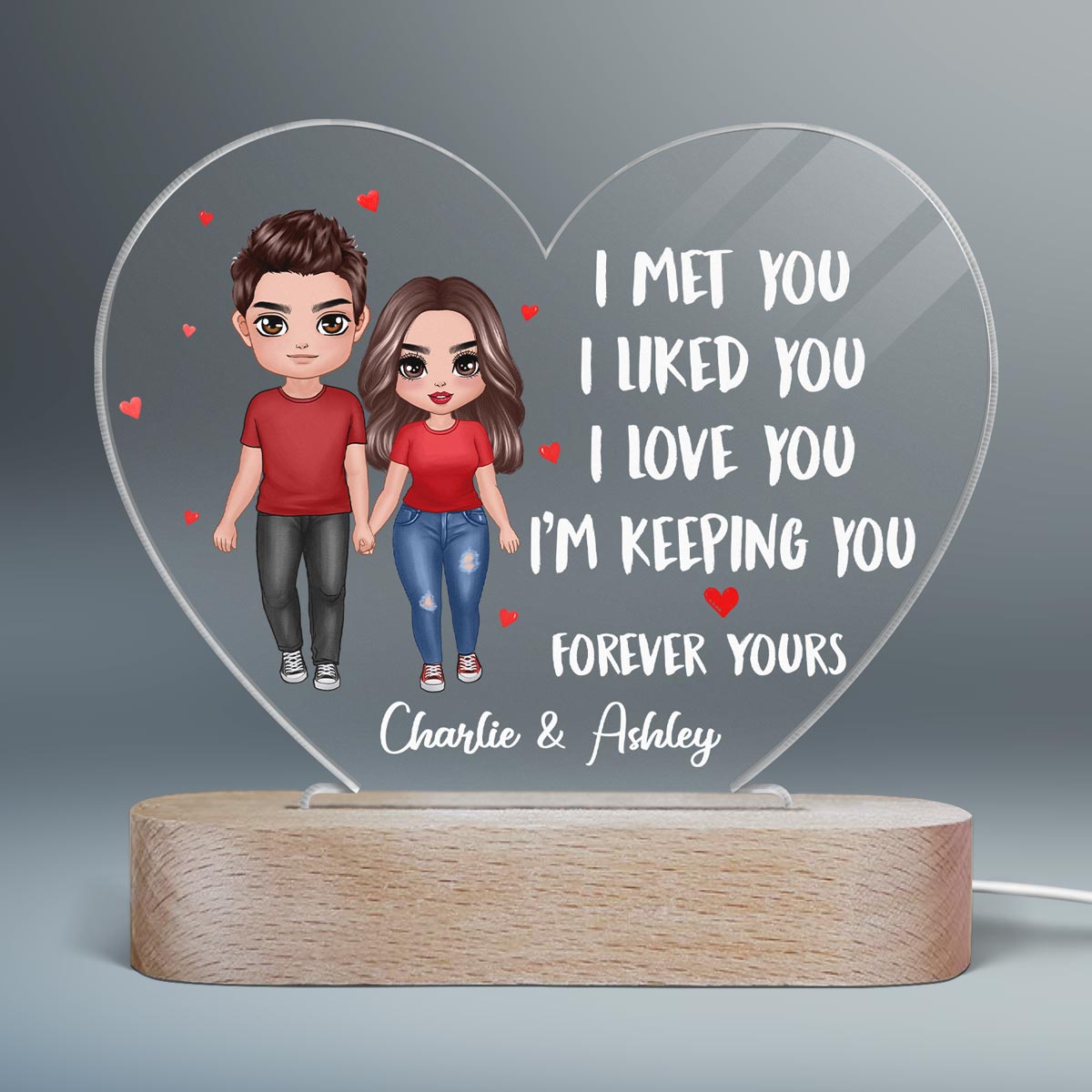 Doll Couple Standing I Met You Like You Love You Gift For Him For Her Personalized Acrylic Heart Plaque LED Lamp Night Light