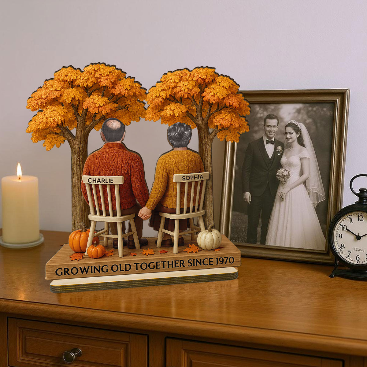 3D Effect Fall Season Back View Couple Growing Old Together Personalized 2-Layer Standing Wooden Plaque