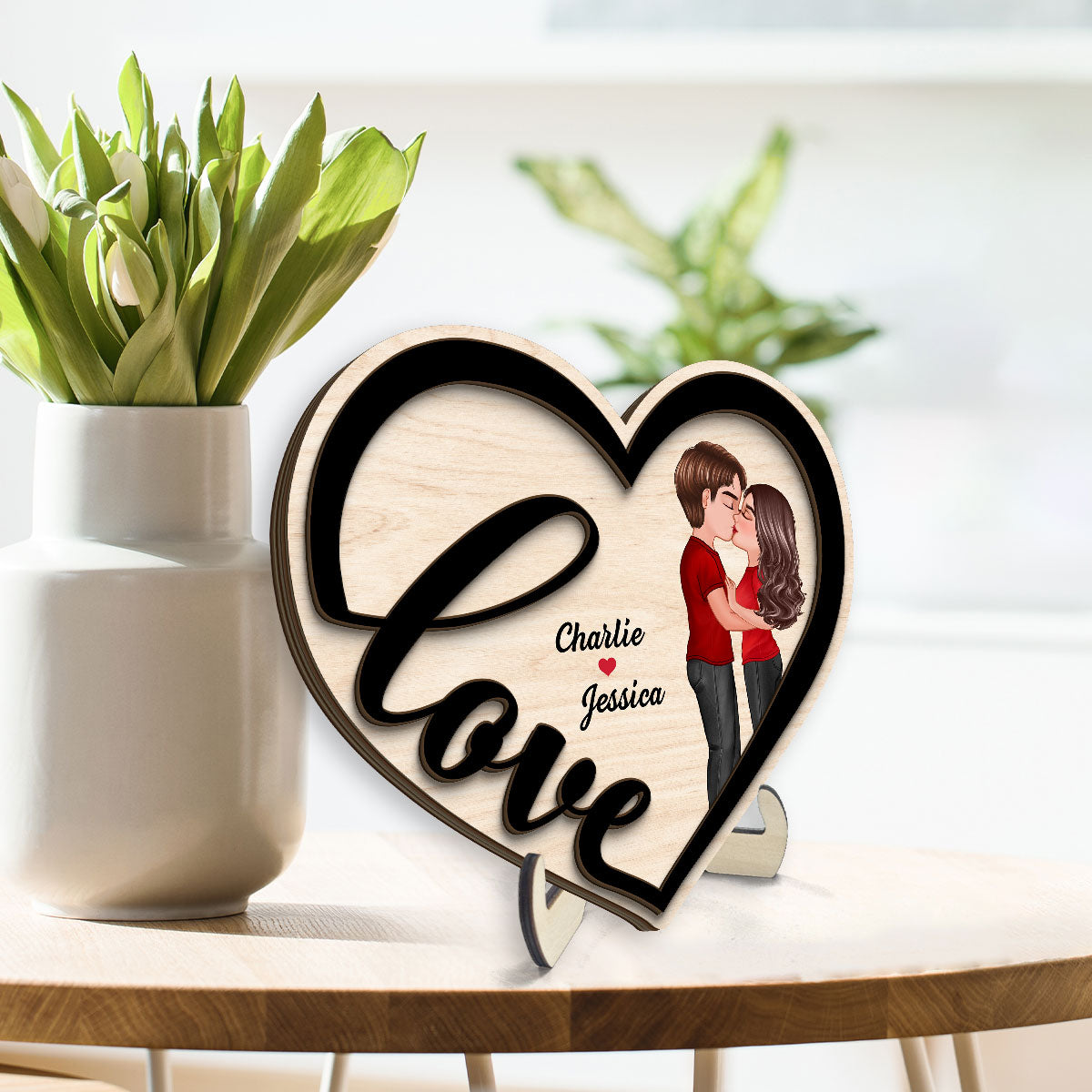 Couple Love Heart Kissing Standing Personalized 2-layer Wooden Plaque