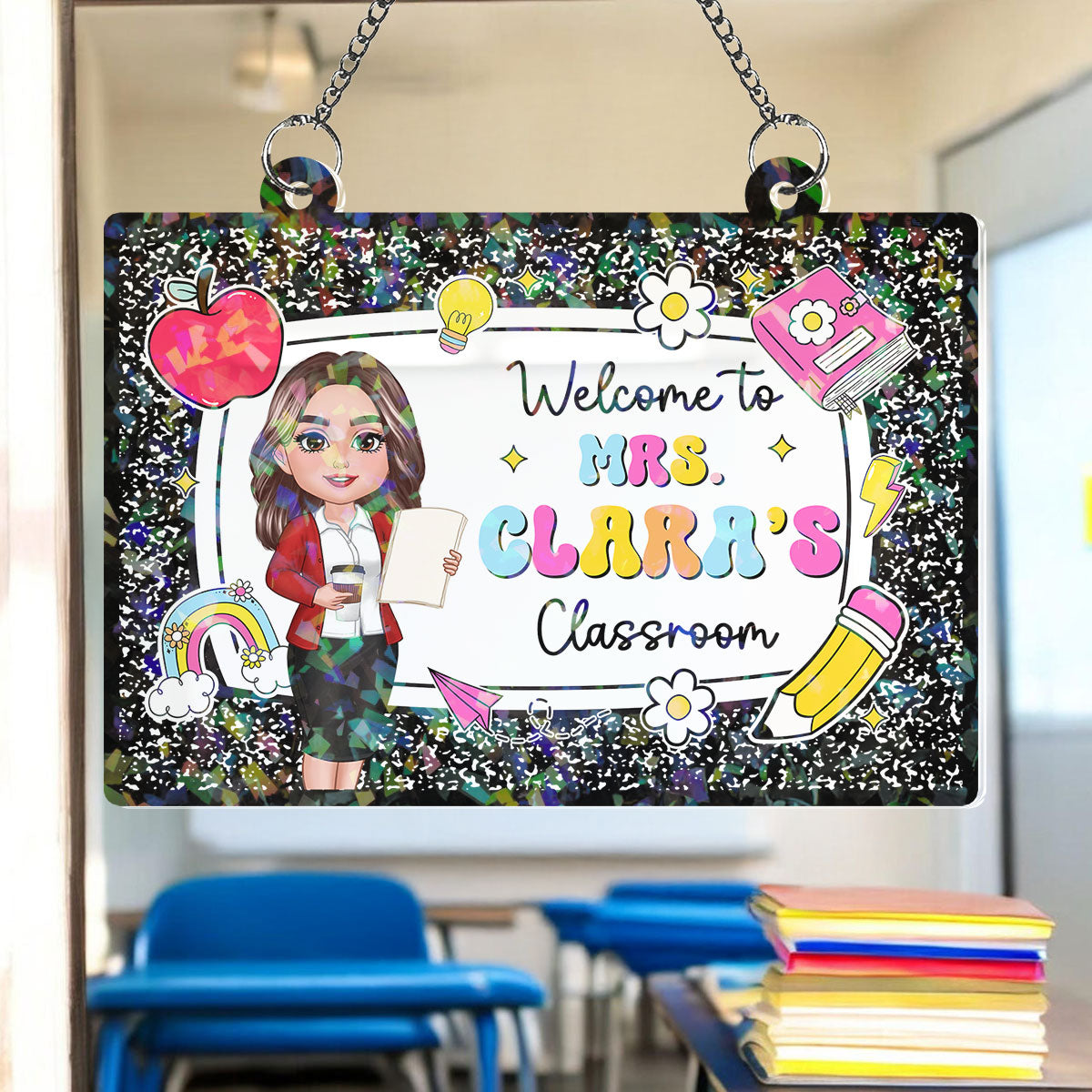 Teacher Composition Book Pattern Personalized Hologram Window Decor, Classroom Decor, Back To School Gift