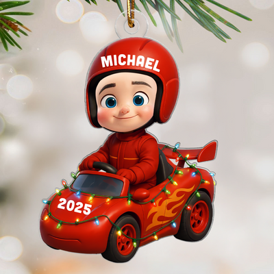 3D Effect Little Kid Racing Car Christmas Personalized Acrylic Ornament