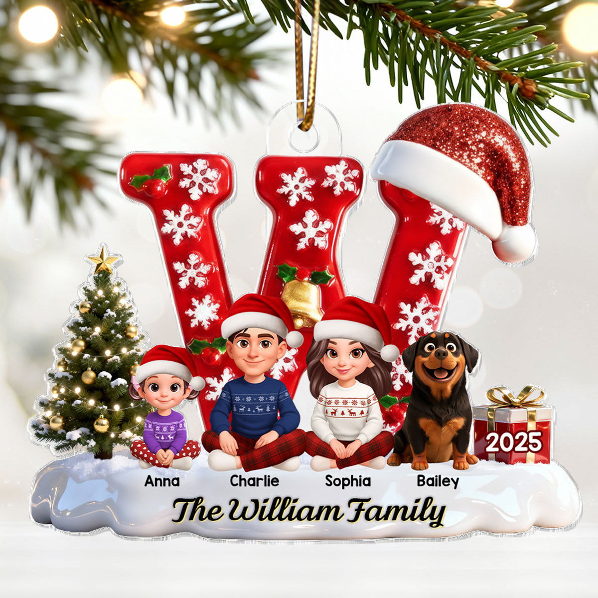 3D Effect Christmas Festive Family Name Initial Beautiful Family Together - Personalized Acrylic Ornament - Gift For Family