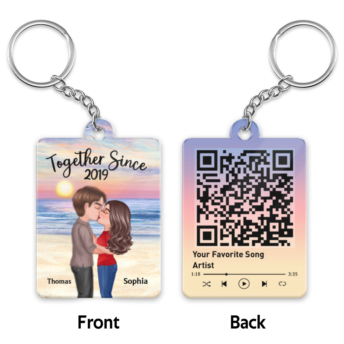 Beach Landscape Doll Couple Kissing Favorite Song Scannable QR Code Personalized Acrylic Keychain