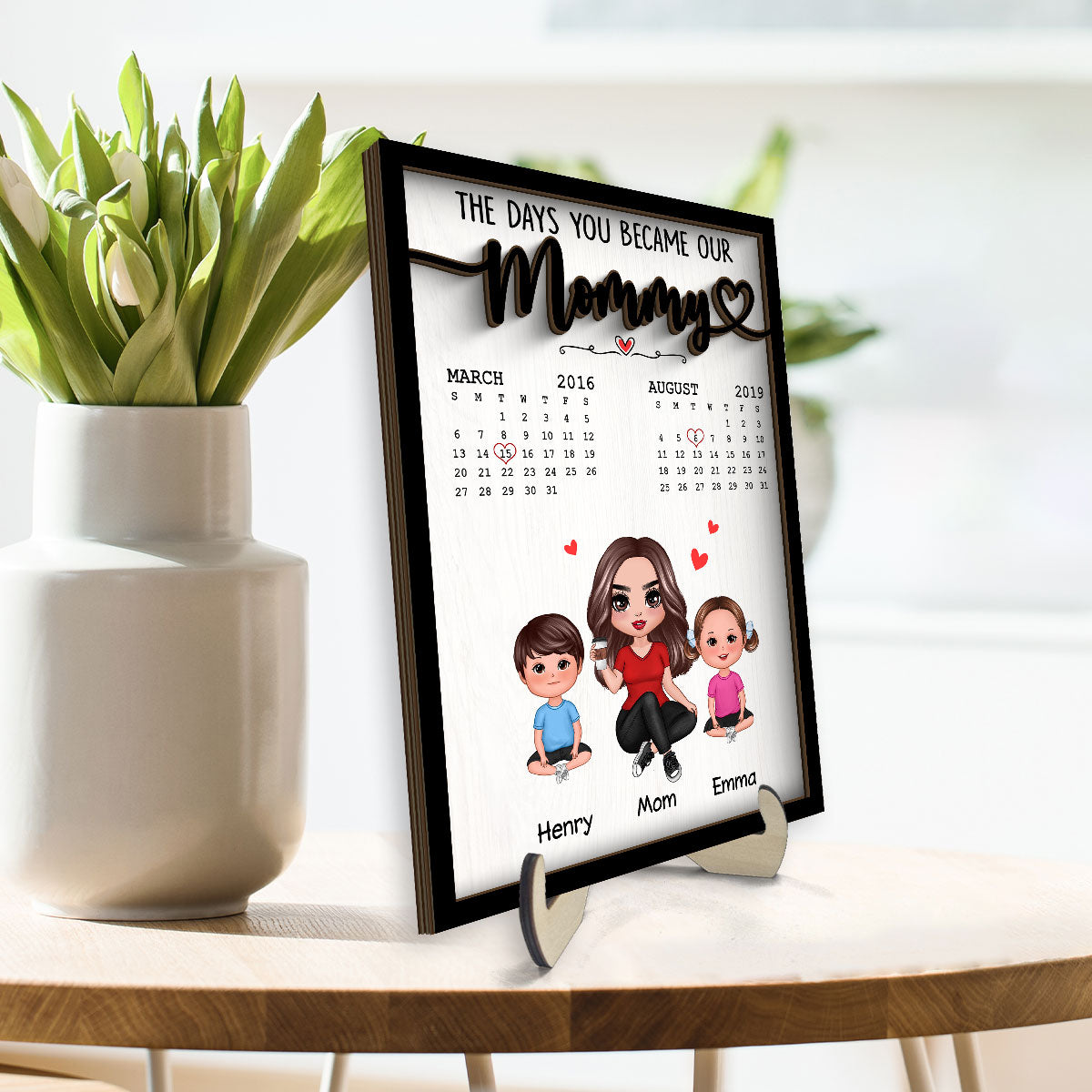 The Day You Became Our Mommy Birthday Calendar Personalized 2-Layer Wooden Plaque