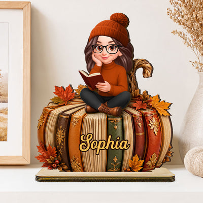 Fall Season Pumpkin Books - Personalized 2-Layered Wooden Plaque - Fall Gift For Book Lovers, Girl, Daughters