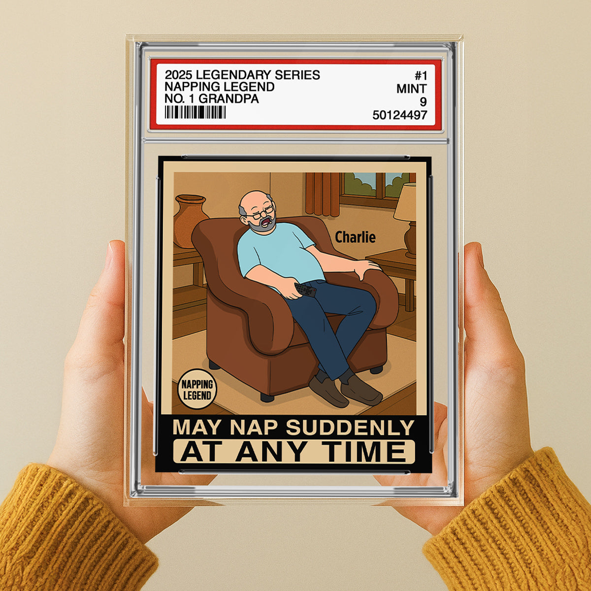 Grandpa Napping King Funny Trading Card Style Personalized Acrylic Block Plaque