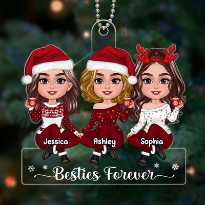 Pretty Besties Sisters Sitting Red Clothes Christmas Gift Personalized Acrylic Ornament