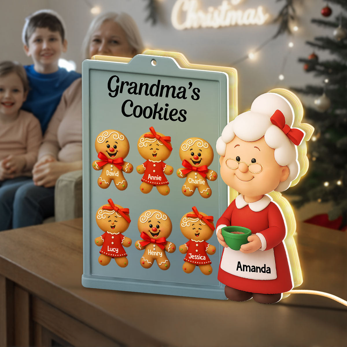 3D Effect Christmas Grandma Cookies Custom Grandkids Names - Personalized Light Box