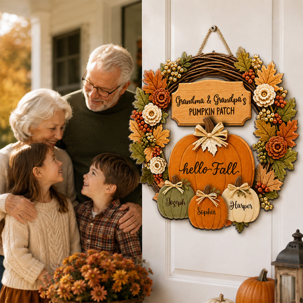 Grandma Grandpa's Pumpkin Patch Wreath Style 2D Flat Printed - Personalized Door Hanger - Fall Season Decor For Grandparents