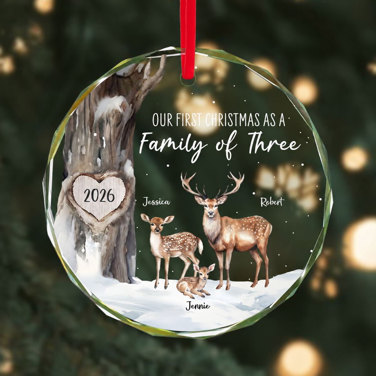First Christmas As Family Of Three Deers Personalized Glass Ornament