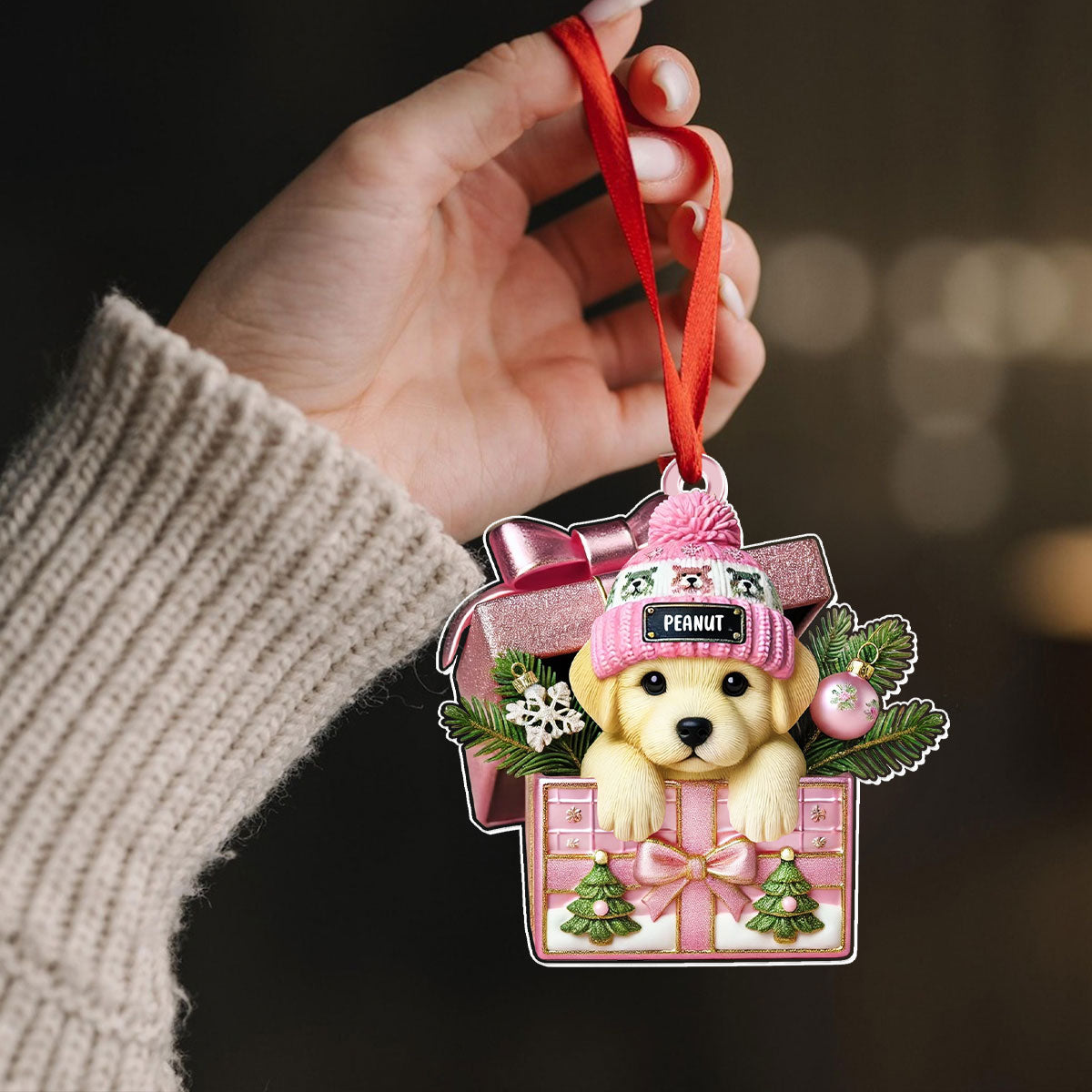 Cute Labrador Dog Inside Gift Box Personalized 2D Flat Acrylic Ornament, Christmas Gift for Dog Lovers