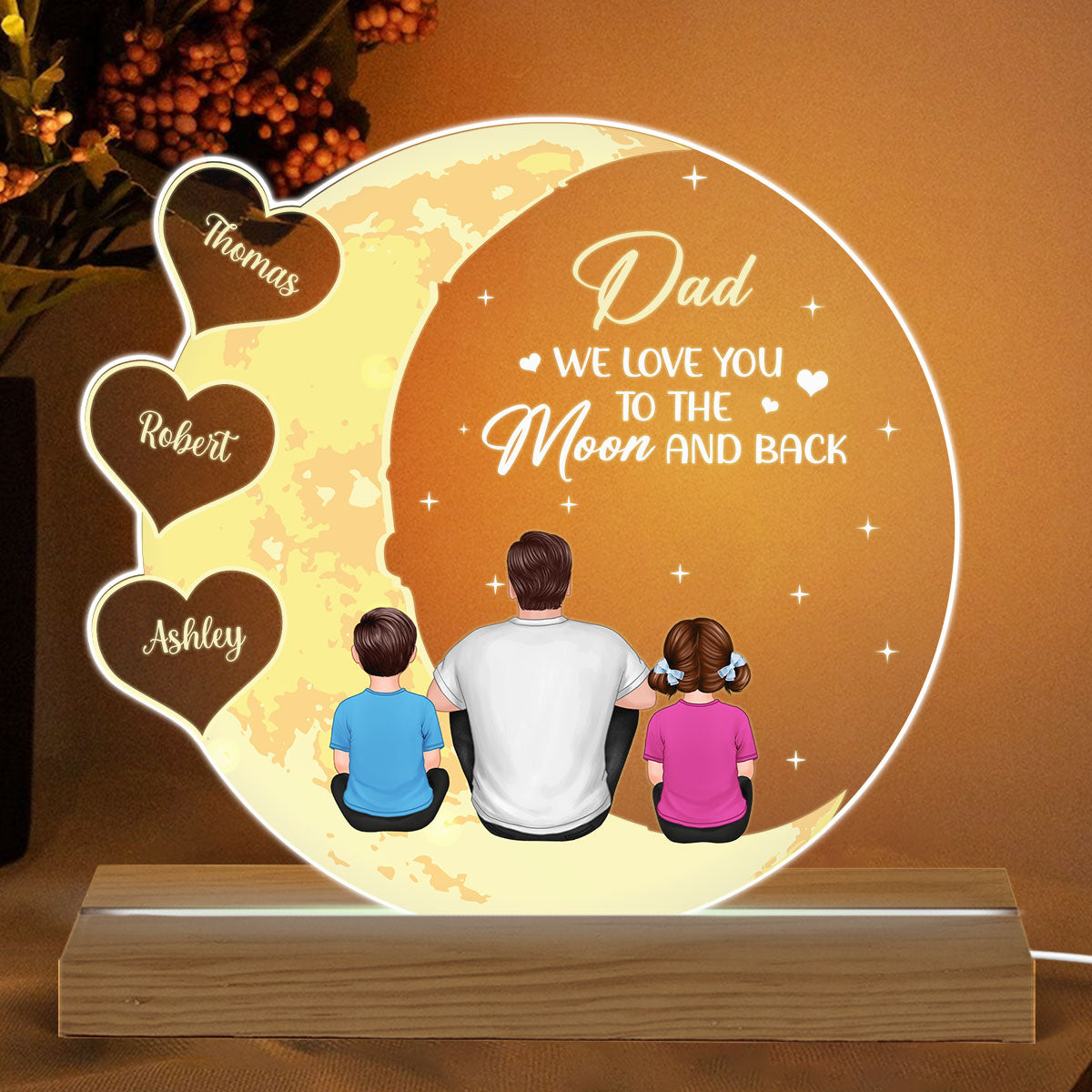 Best Dad Ever I Love You To The Moon And Back Back View Man Sitting With Kids Dogs Cats Personalized Custom Shape Acrylic Plaque Warm LED Night Light