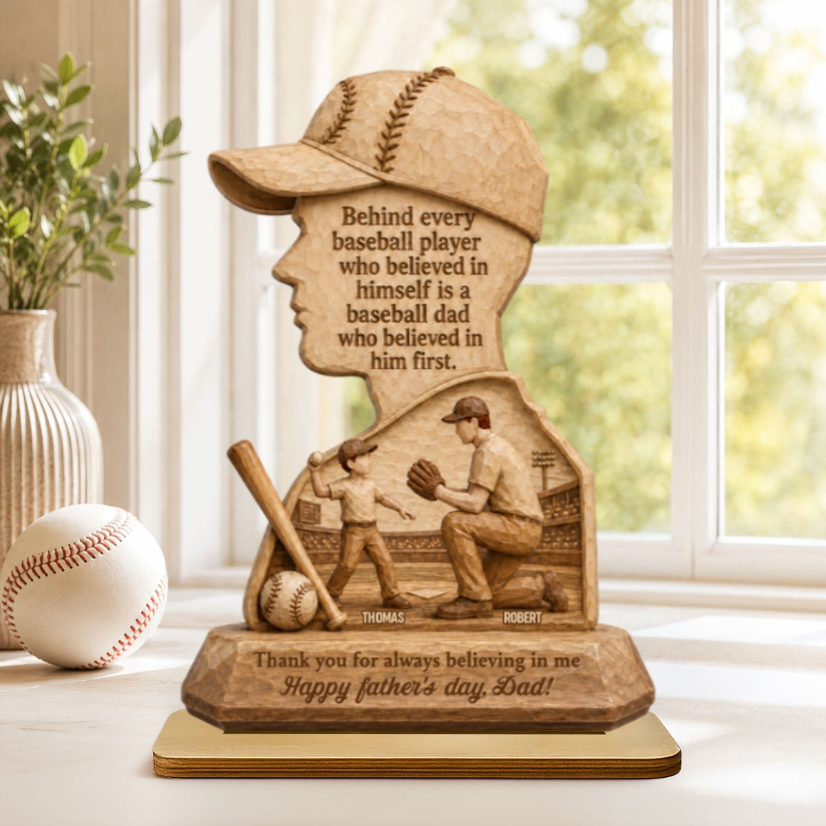 Behind Every Baseball Player is a Baseball Dad - Personalized 2-Layered Wooden Plaque - Father's Day Gift for Dad, Husband