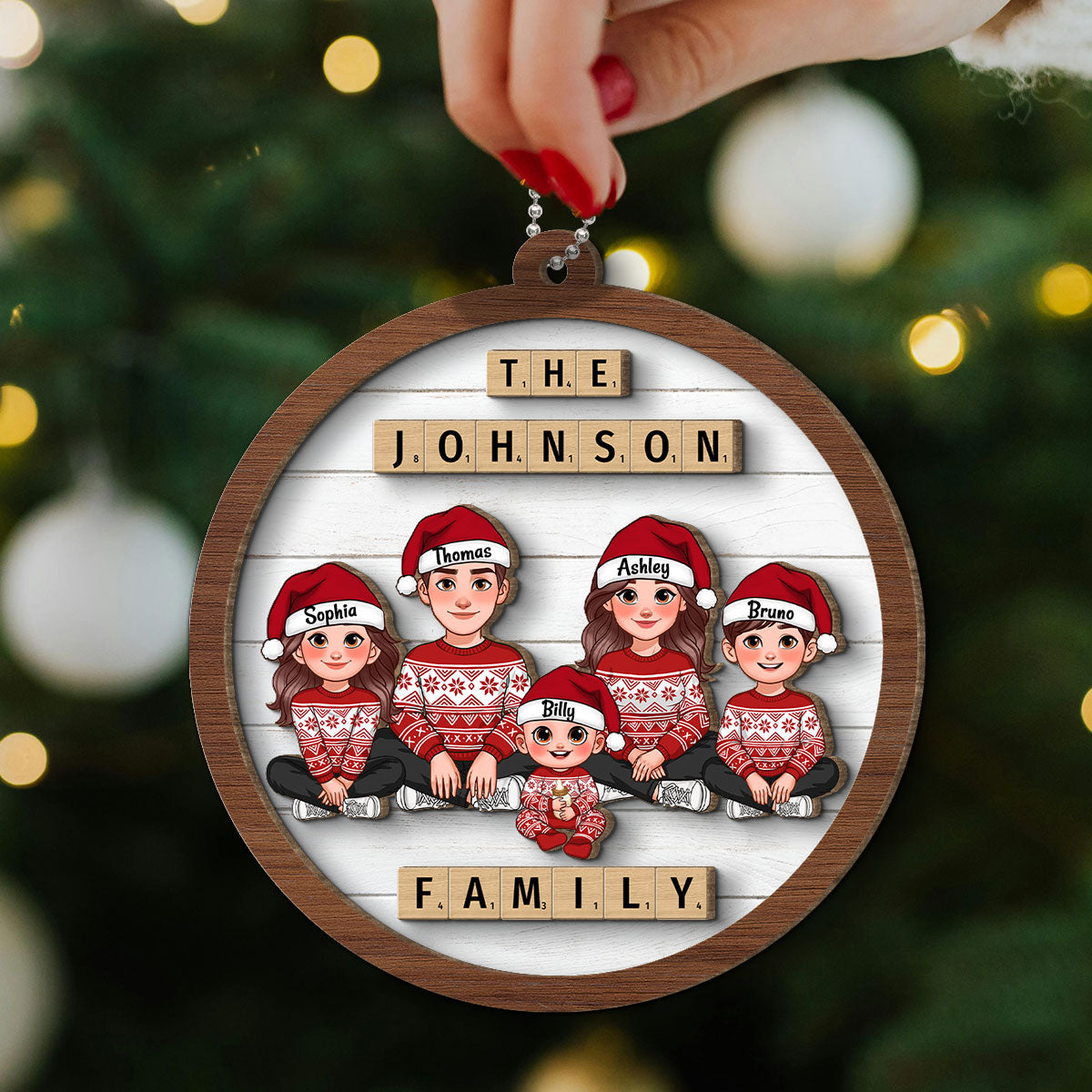 Animated Family Sitting Wooden Blocks Personalized 2-Layer Wooden Ornament, Christmas Decoration, Christmas Gift For Family