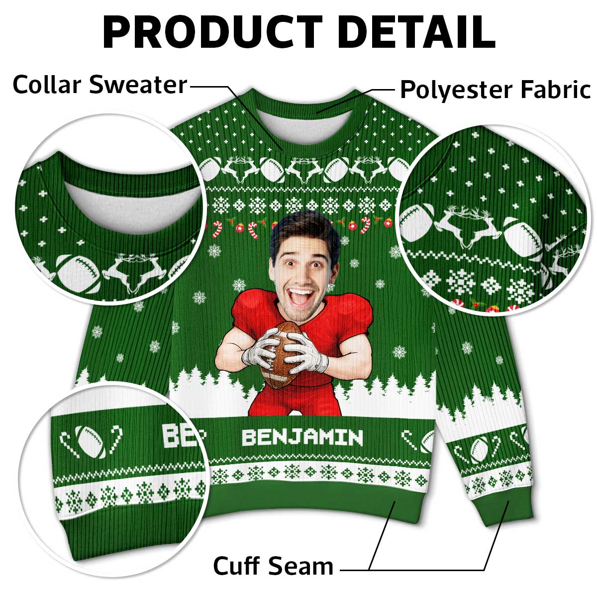 American Football Player Custom Face Photo Personalized Faux Knitting Christmas Ugly Sweater