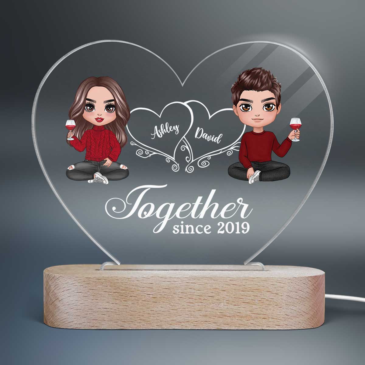 Hearts Doll Couple Sitting - Personalized Acrylic Block Plaque LED Night Light - Anniversary Gift For Him, Gift For Her