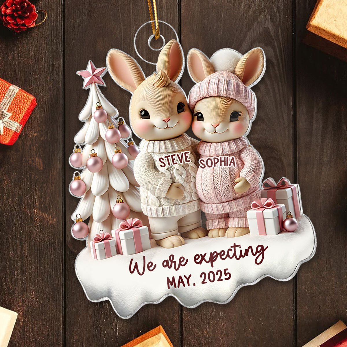 3D Effect Bunny Couple Pregnant Expecting New Baby Christmas Personalized Acrylic Ornament, Pregnancy Announcement Keepsake