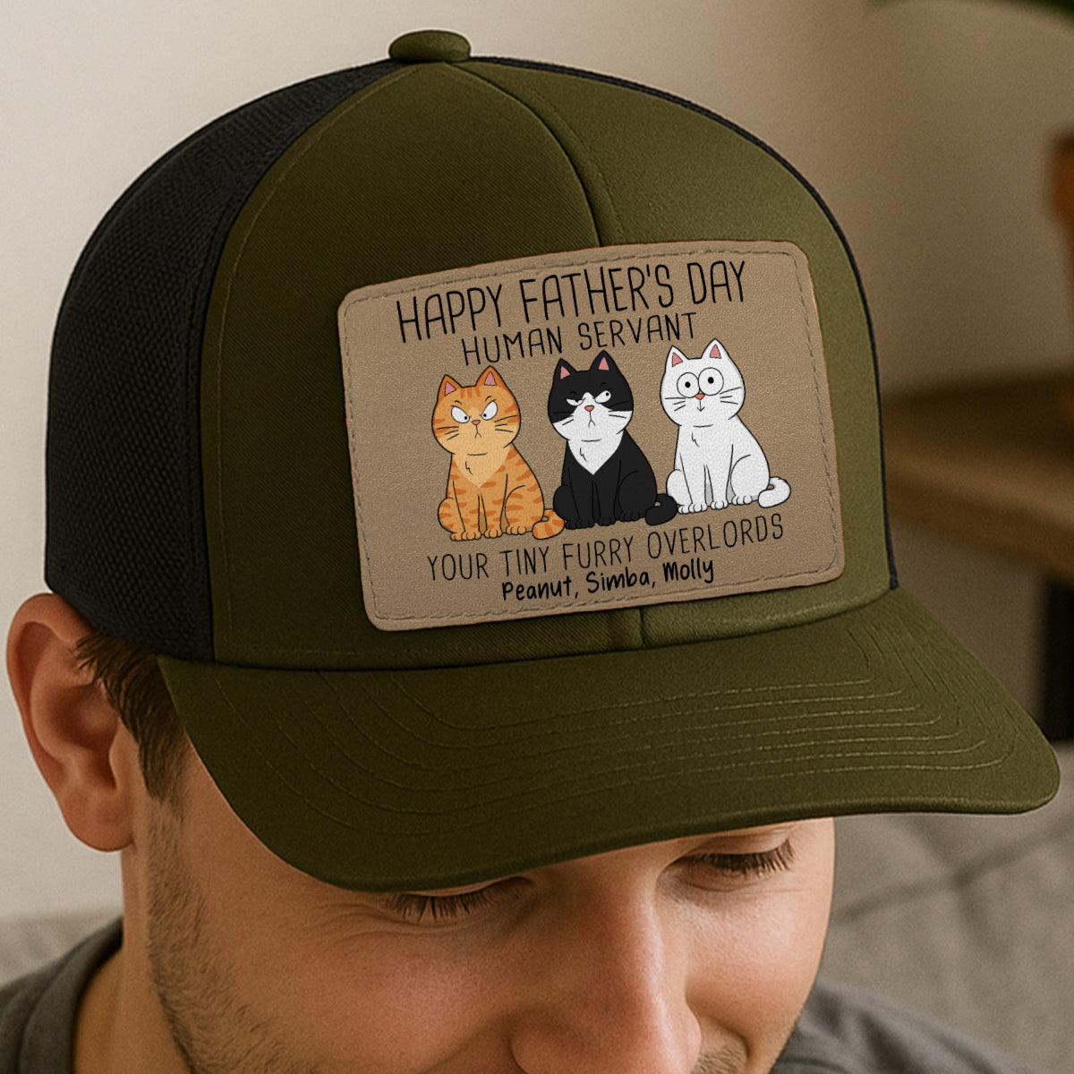 Happy Father‘s Day Human Servant Funny Cute Cats Personalized Leather Patch Hat, Gift For Cat Dad