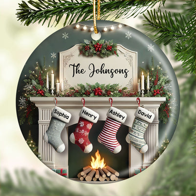 Family Christmas Fireplace With Stockings Personalized Ceramic Ornament