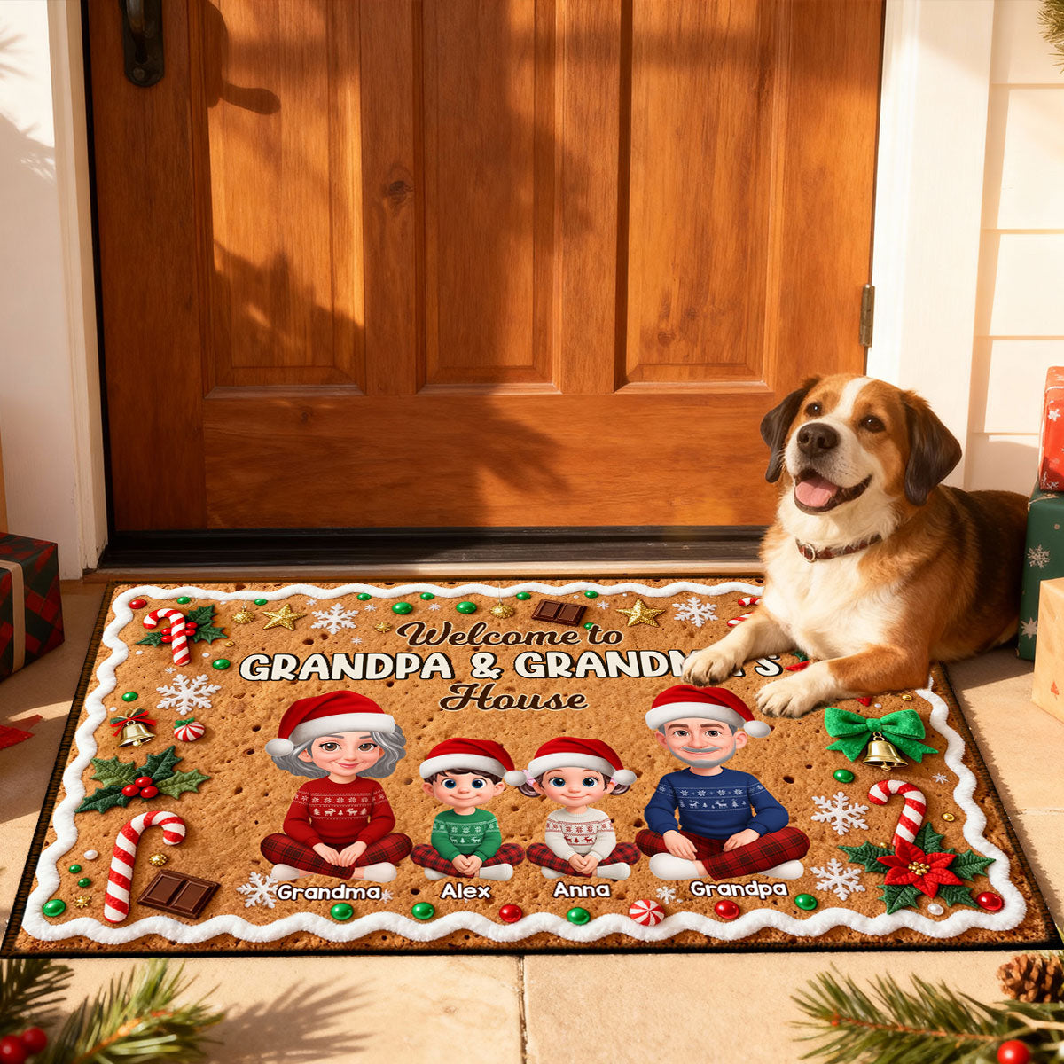 3D Effect Gingerbread Theme Welcome To Grandpa Grandma House Christmas - Personalized Doormat