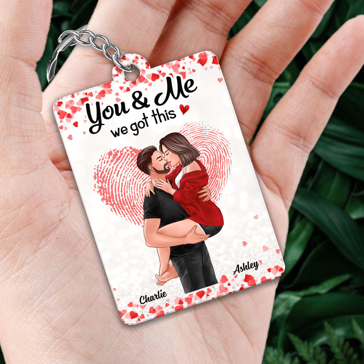 Fingerprint Heart Man Holding Woman Kissing Favorite Song Scannable QR Code Personalized Acrylic Keychain
