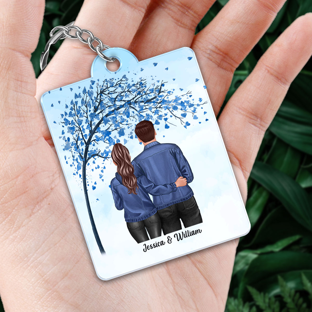 Back View Couple Standing Hugging Under Tree Favorite Song Scannable QR Code Personalized Acrylic Keychain