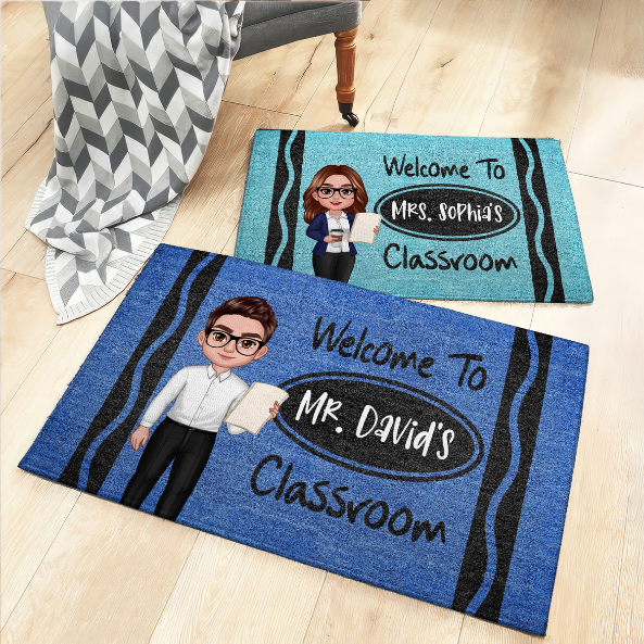 Teacher Crayon Welcome To Classroom - Personalized Doormat - Back To School Gift, Classroom Decoration