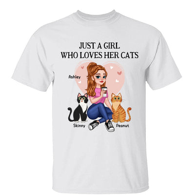 Just A Girl Who Loves Cats Pretty Cartoon Girl Sitting With Cats Personalized Shirt