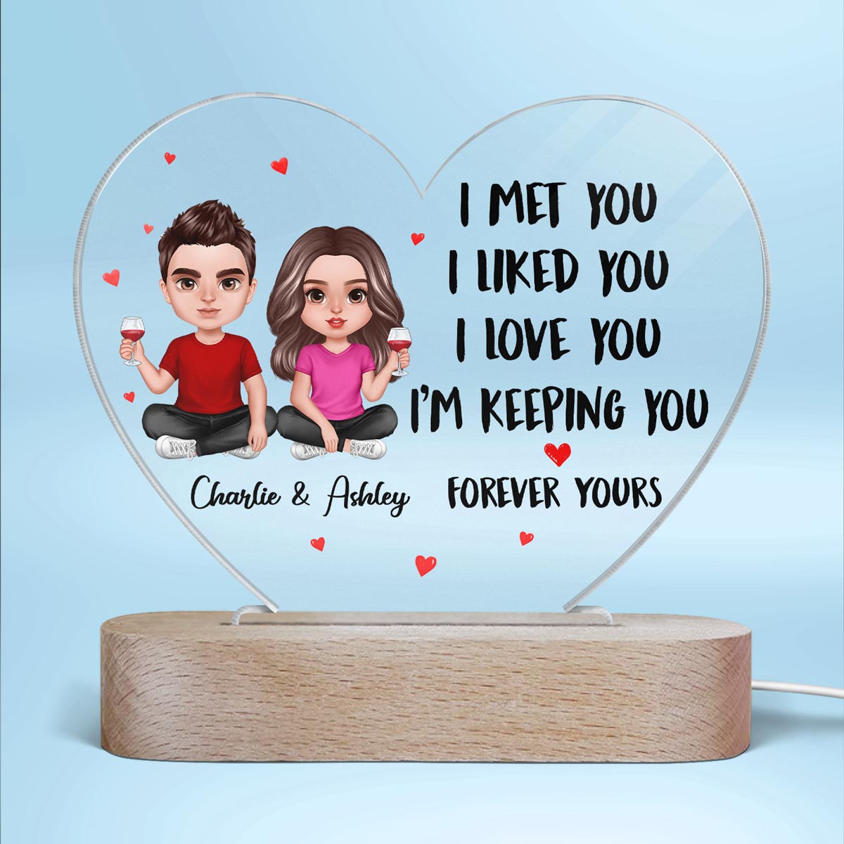 Doll Couple Sitting Realistic Gift For Him For Her Personalized Acrylic Heart Plaque LED Lamp Night Light